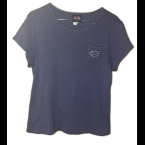 Large Harley Davidson Women's Blue Short Sleeve Pocket T-shirt Studded